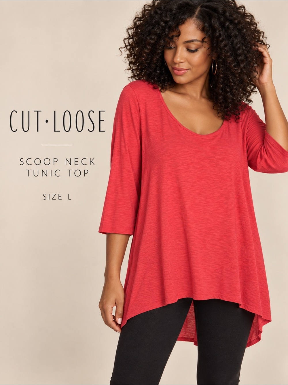 Cut Loose Coral Scoop Neck High Low Tunic Top 3/4 Sleeve Size L